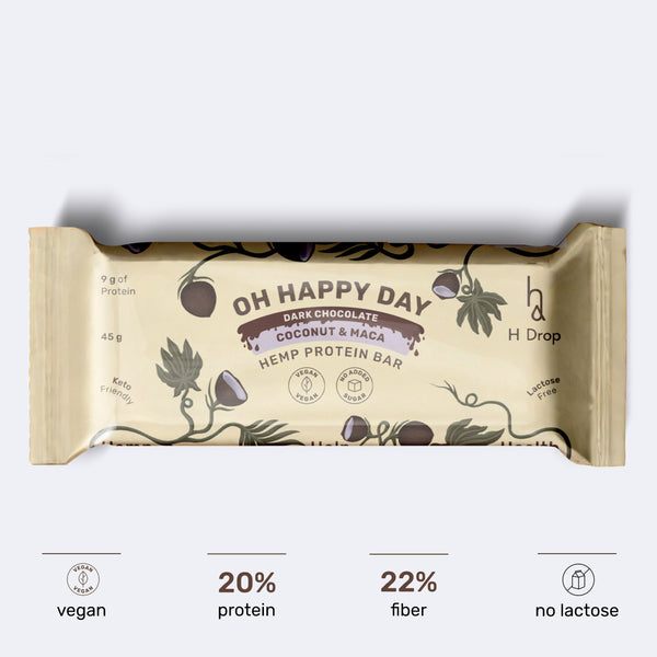 Oh Happy Day - hemp protein bar with coconut and maca in dark chocolate (12 pc. box)